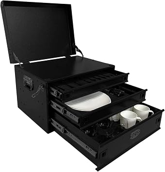 Overland Vehicle Systems Ultimate 39 Piece Utensil Set - Black Powder Coat Universal - 6061 Aircraft-Grade Aluminum Storage Box - Heavy Duty Grab Handles