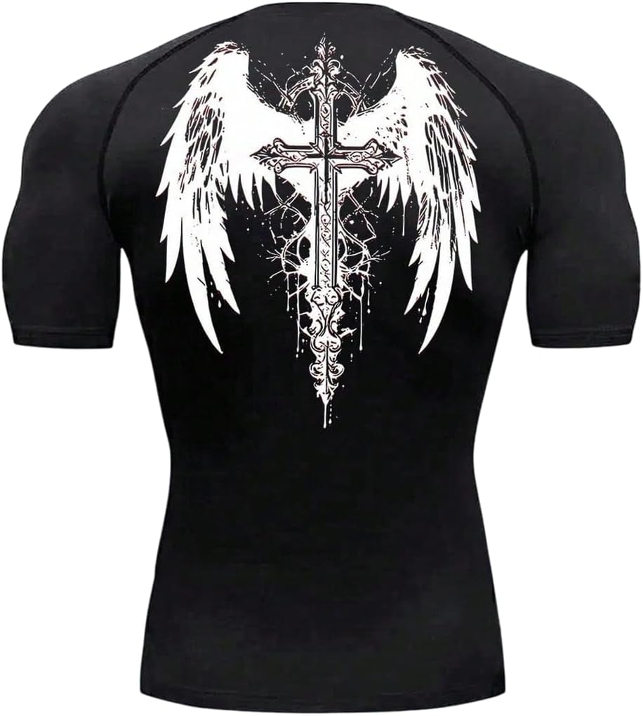 SOLY HUX Workout Compression Shirts for Men Gothic Graphic Tees Short Sleeve Athletic T Shirt Running Gym Tops