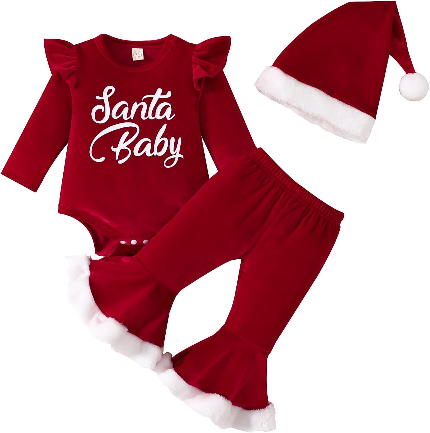 Afocuz 1st Christmas Outfit Newborn baby Girl,Ruffle Long Sleeve Romper Top+Flare Pants+Hat Red Velvet 3PCS Santa Baby Girls Xmas Clothes