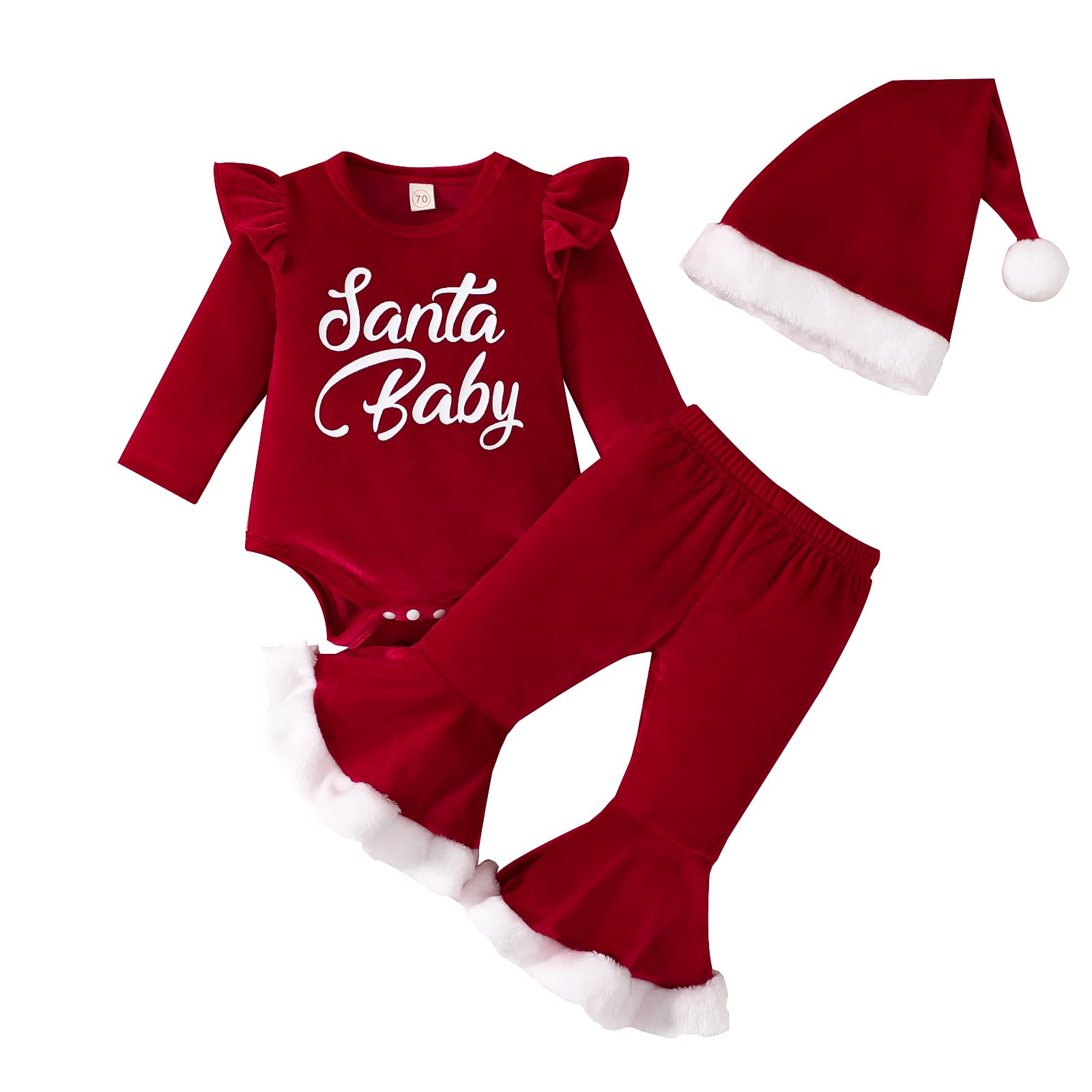 Afocuz 1st Christmas Outfit Newborn baby Girl,Ruffle Long Sleeve Romper Top+Flare Pants+Hat Red Velvet 3PCS Santa Baby Girls Xmas Clothes