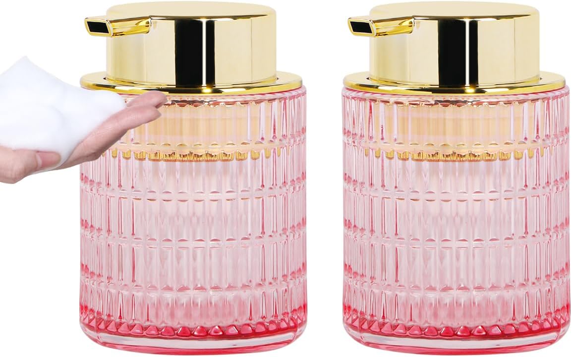 2pcs Foaming Soap Dispenser, Pink Glass Foam Soap Dispenser for Bathroom and Kitchen, 10 Oz Refillable Foaming Pump Bottle with Large Pump, Ribbed Bottle Container Decor
