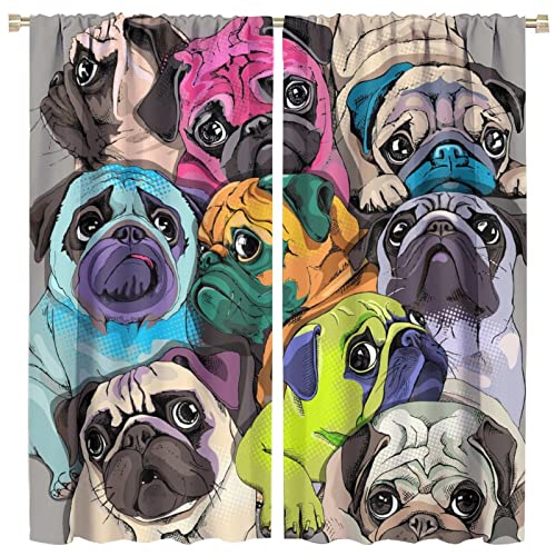 GoDazzling Pug Dog Blackout Windows Curtains, Cute Pug Curtains Colorful Cartoon Animal Pug Curtains for Kids, Boys, Girls Bedroom Living Room 42x45in 2 Panels