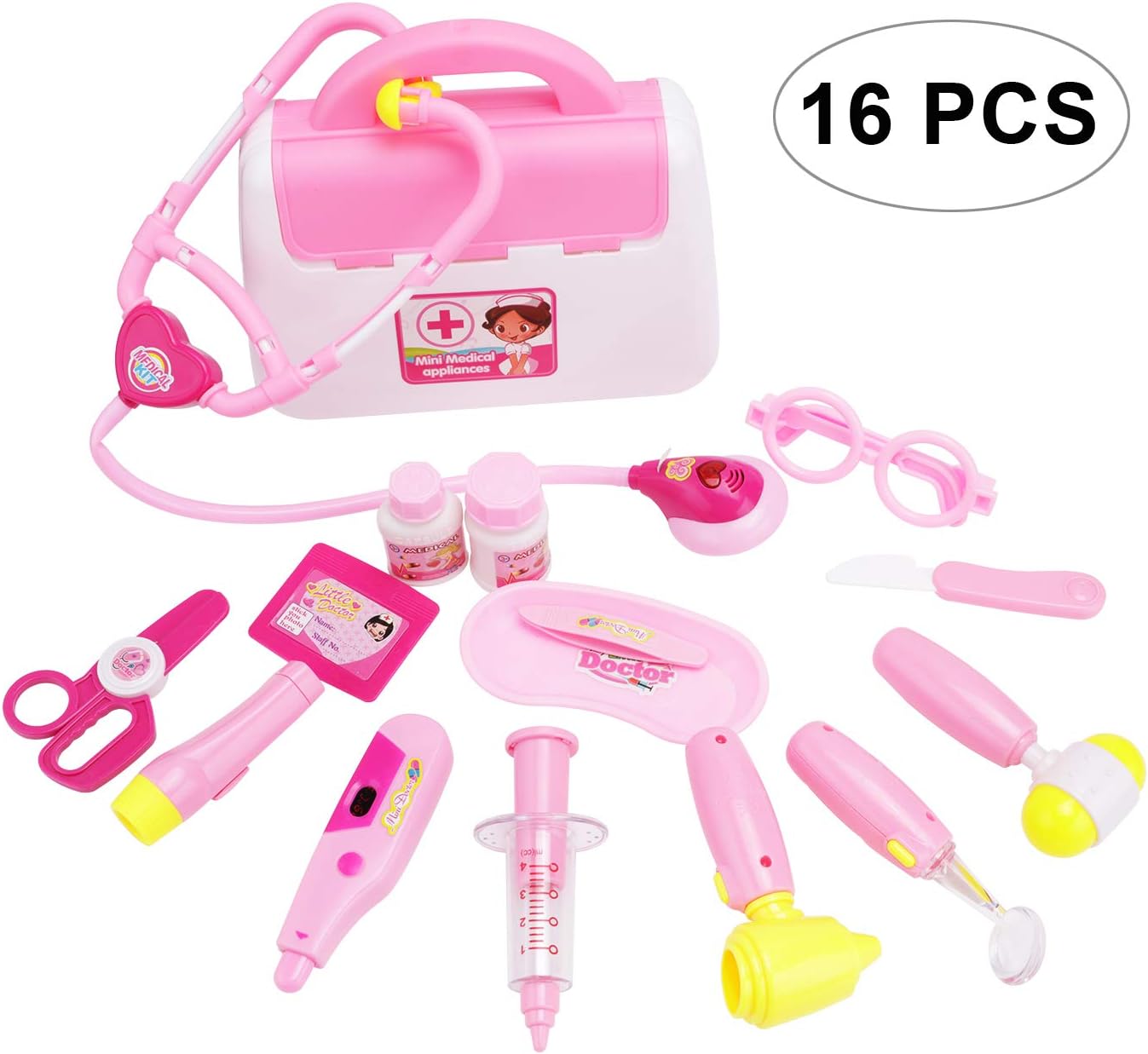 Doctor Kit for Kids with Electronic Stethoscope, 16 PCS Mini Pretend-n-Play Medical Toys Set Doctor Tools Toy Nurse Kit in Pink Durable Gift Case for Toddlers Girls and Boys Birthday Gift