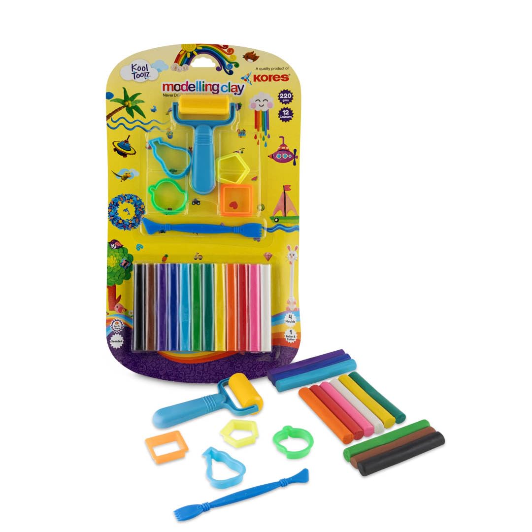 Kores Modelling Clay 220g – 12 Colours with Roller, Cutter & 4