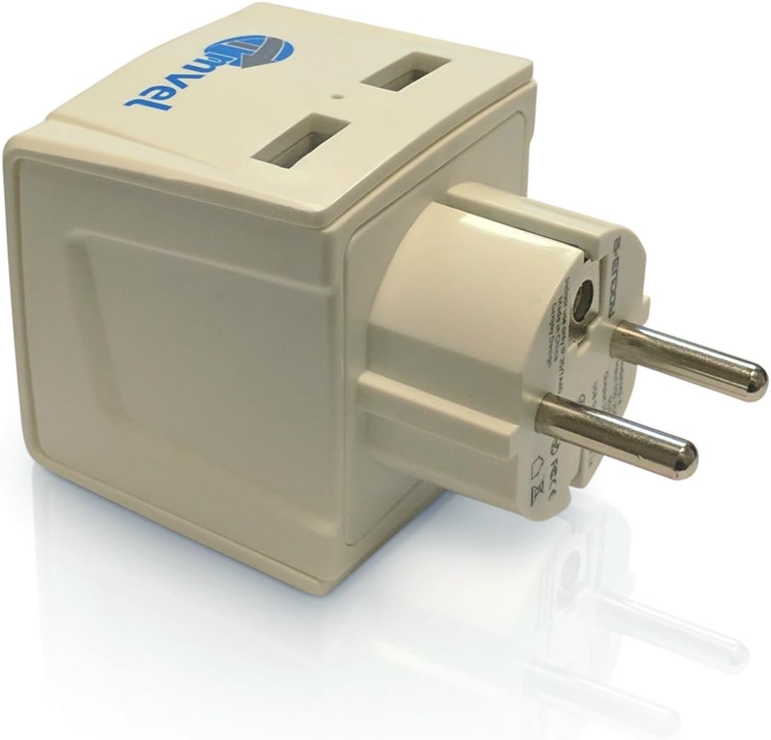 3 in 1 - 2 USB with Universal Input Schuko Travel Adapter Plug with for Grounded Type E/F Germany, France & More for iPhone/iPad, Galaxy & More
