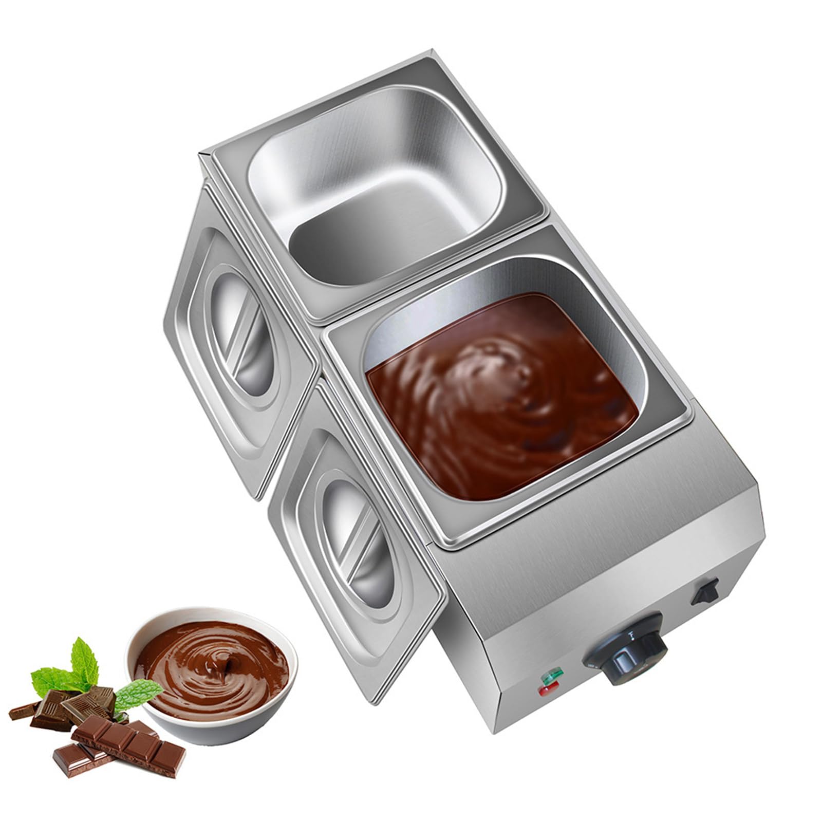 Tempéreuse À Chocolat avec 2 Pots,Température Réglable 30-85 ℃,Chauffe-Plats Professionnel Commercial,Pot Fondoir Chocolat Machine INOX pour Chauffer Beurre Crème Lait,220V