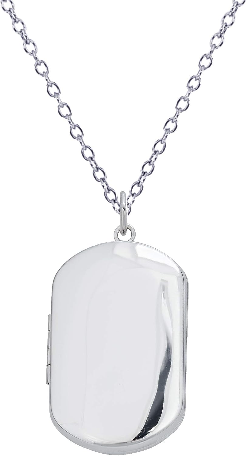 DECADENCE Sterling Silver Rhodium High Polished and Satin Reversible Dog Tag Locket On 18" Diamond Cut Cable Chain