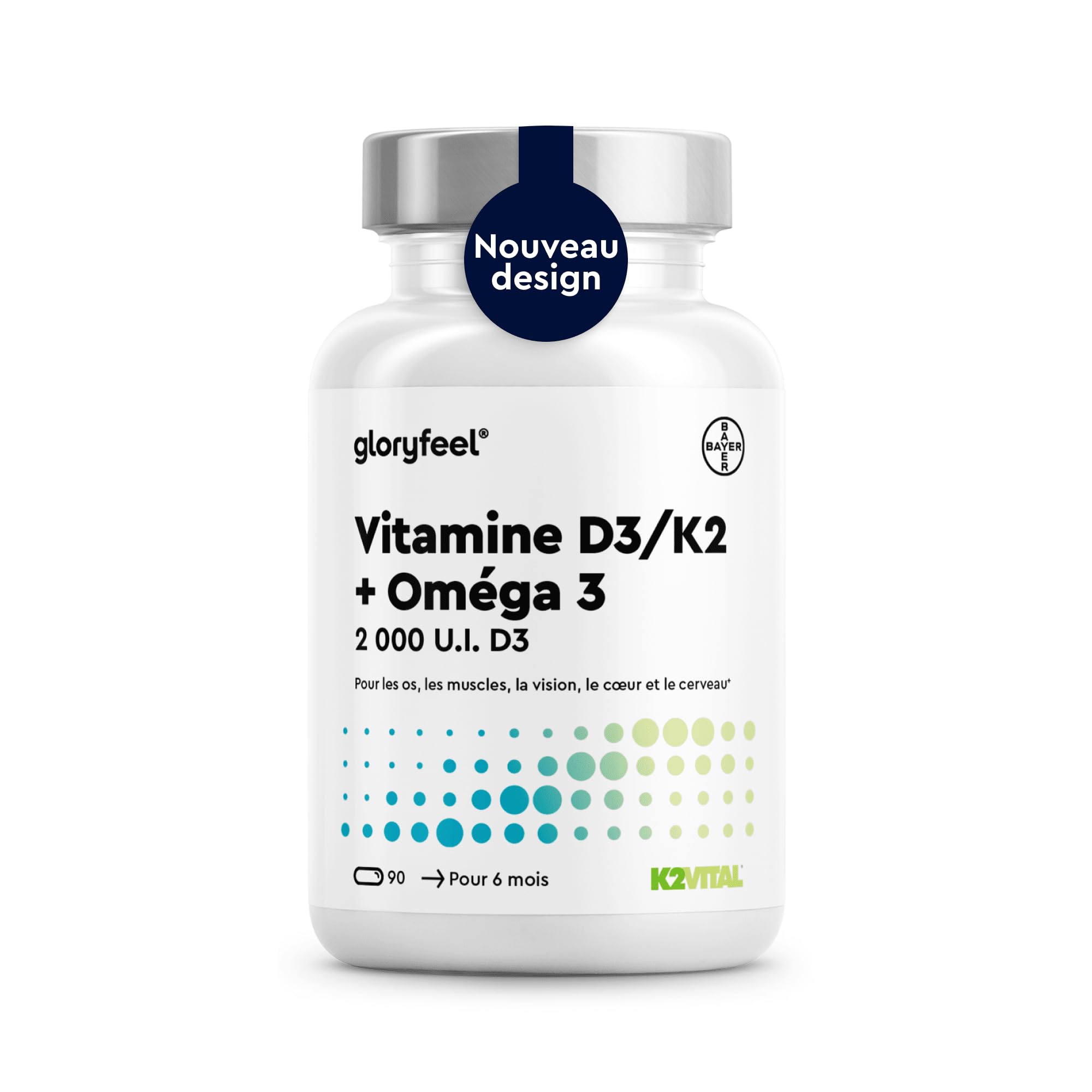 Oméga 3 (1000mg) avec Vitamine D3 (2000 UI) + K2 100 µg, 90 Gélules, Huile de Poisson (400mg d'EPA et 300mg de DHA) Fortement Dosée, Vit D3 Cholécalciférol + Vit K2 MK7, Sans Arômes et Additifs