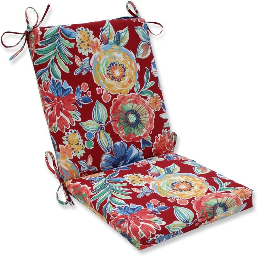Pillow Perfect Bright Floral Indoor/Outdoor Solid Back 1 Piece Square Corner Chair Cushion with Ties, Deep Seat, Weather, and Fade Resistant, 36.5" x 18", Red/Blue Colsen, 1 Count