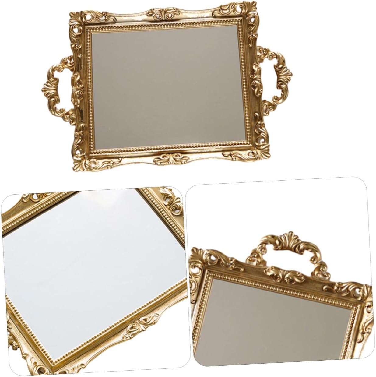 Retro Carved Mirror Tray Golden Resin Makeup Mirror Plate Cosmetics Storage Organizer Nordic Style Decorative Vanity Tray for Wedding and Home Décor