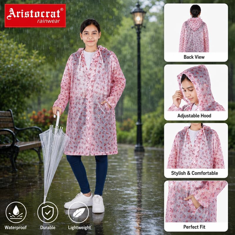 Image of Aristocrat Kids Humpty Dumpty Waterproof Raincoat with Hood | Knee Length Rainwear for Boys & Girls | Regular Fit Rain Jacket with Two Front Pockets | All-Weather Protection Rainwear