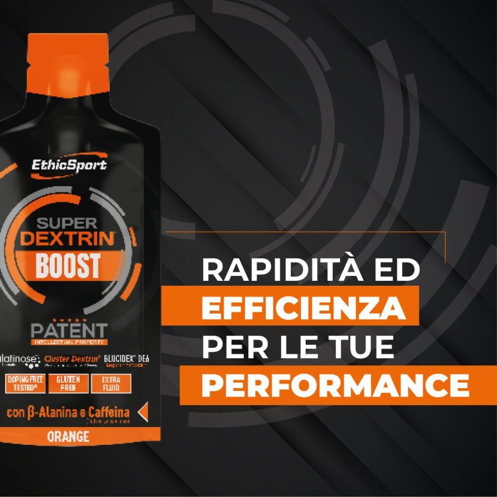EthicSport - Super Dextrin Boost - Confezione da 20 x 30 ml - Gusto: Arancio - Integratore alimenare energetico con carboidrati di nuova generazione, Beta-Alanina, BCAA, Glutammina.