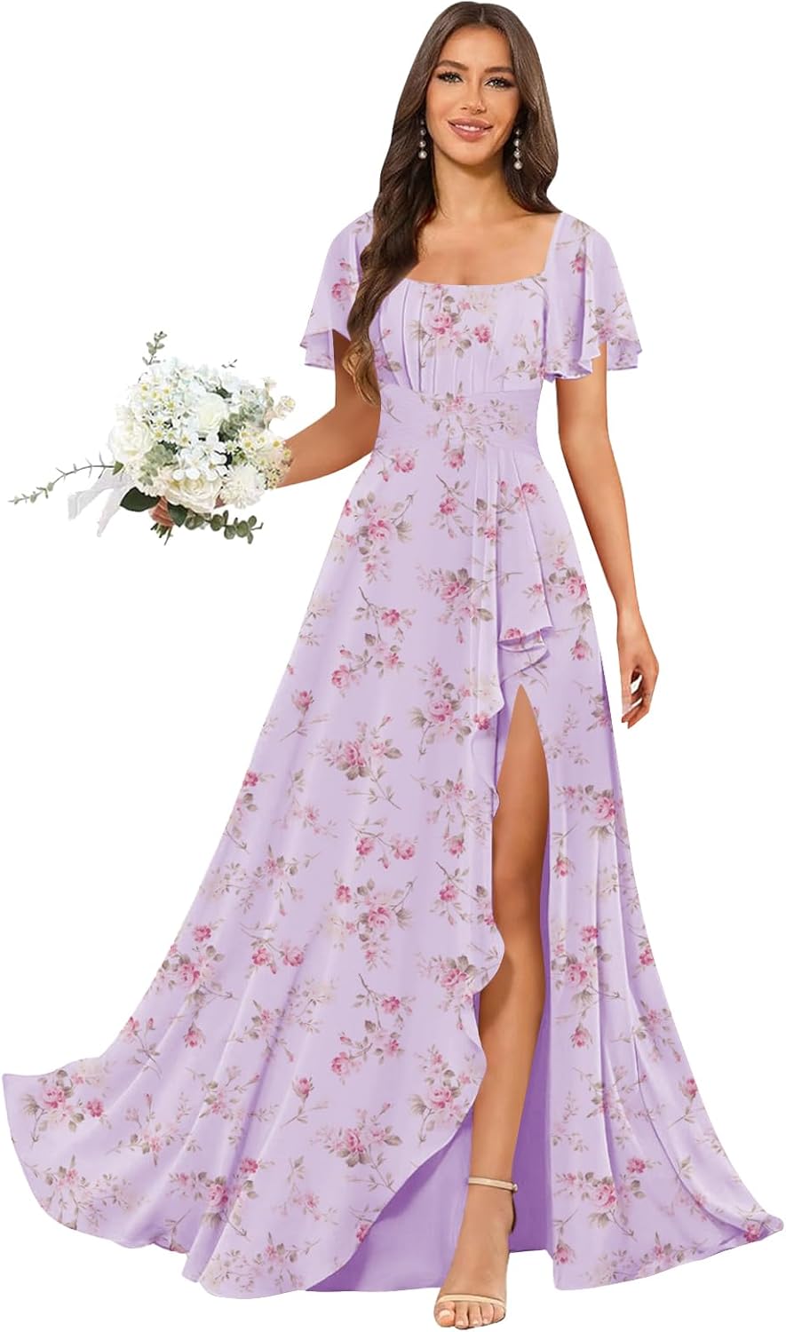 Women's Scoop Neck Bridesmaid Dresses Pleated Chiffon Formal Dress with Slit Short Sleeve Wedding Guest Dress