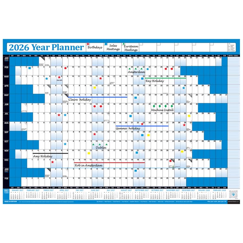 PlannerHead 2026 Wall Planner Blue | Yearly Calendar 2026 for Students, Families, Businesses, Offices | UK & Ireland Bank Holidays | Unmounted & Unlaminated (Blue, Medium 35cm x 49cm - Rolled)