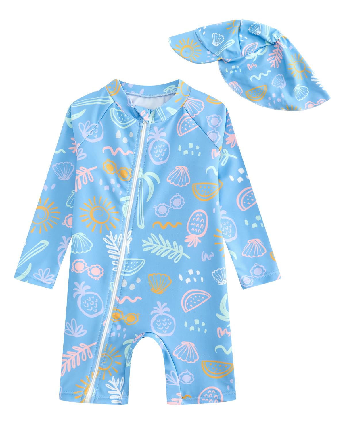 JiAmy Traje de baño de una pieza para bebé con sombrero de sol de manga larga con cremallera y protección solar para playa