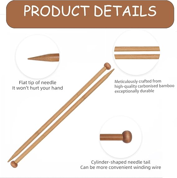 6Pcs Bamboo Knitting Needles, 6, 8, 10mm Sizes Needle Set, Eco-Friendly Chunky Wooden Knitting Needles, Single Pointed Straight Needle for Beginners, DIY Handmade Wool Sweater Scarf