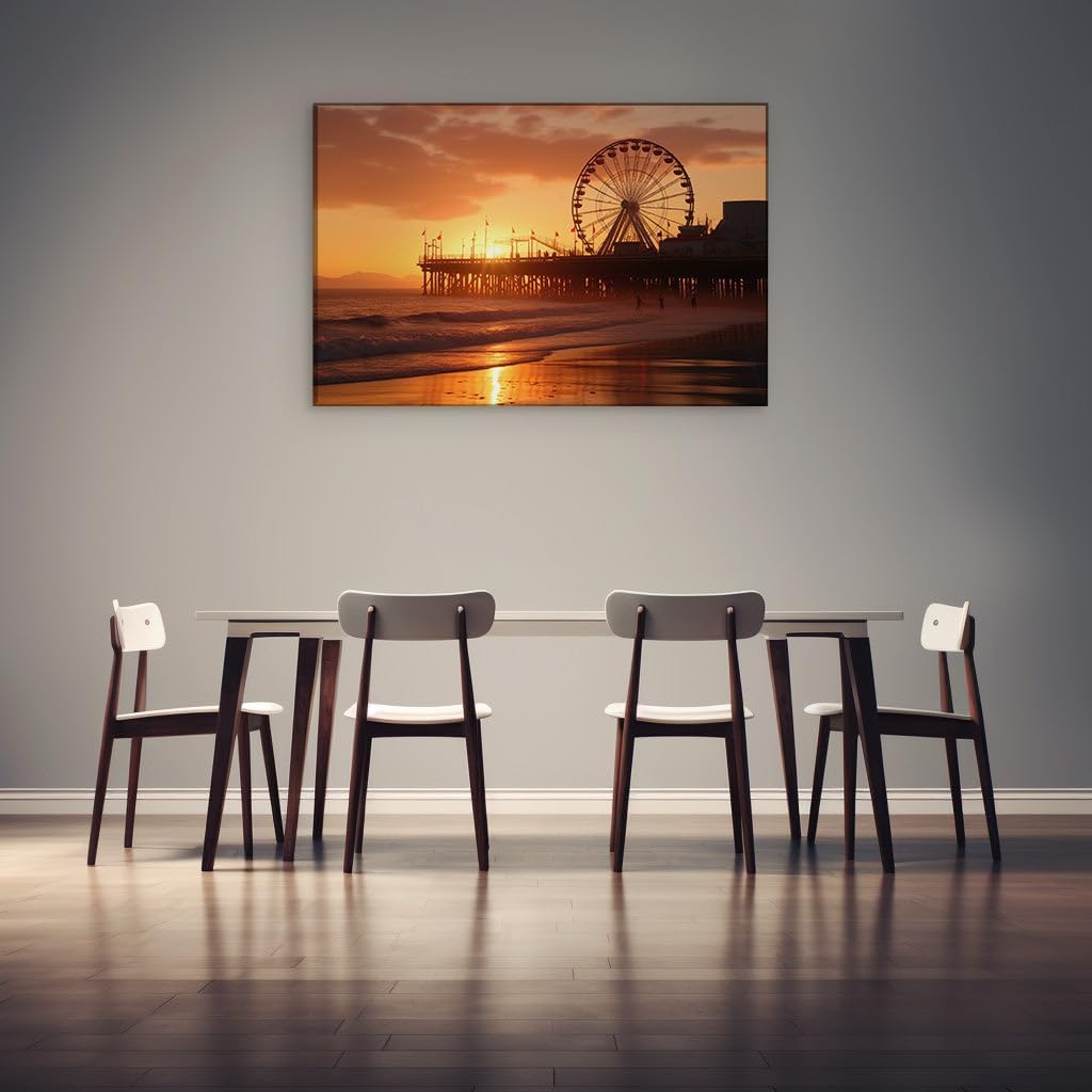 Canvas for Living room. Sunset Serenity: Ferris Wheel and Pier Dreams on a Coastal Canvas, 27 x 18 inch Canvas Wall Art - Contemporary Masterpieces - Modern Home Decor - 69x46 cm (27x18 inch)