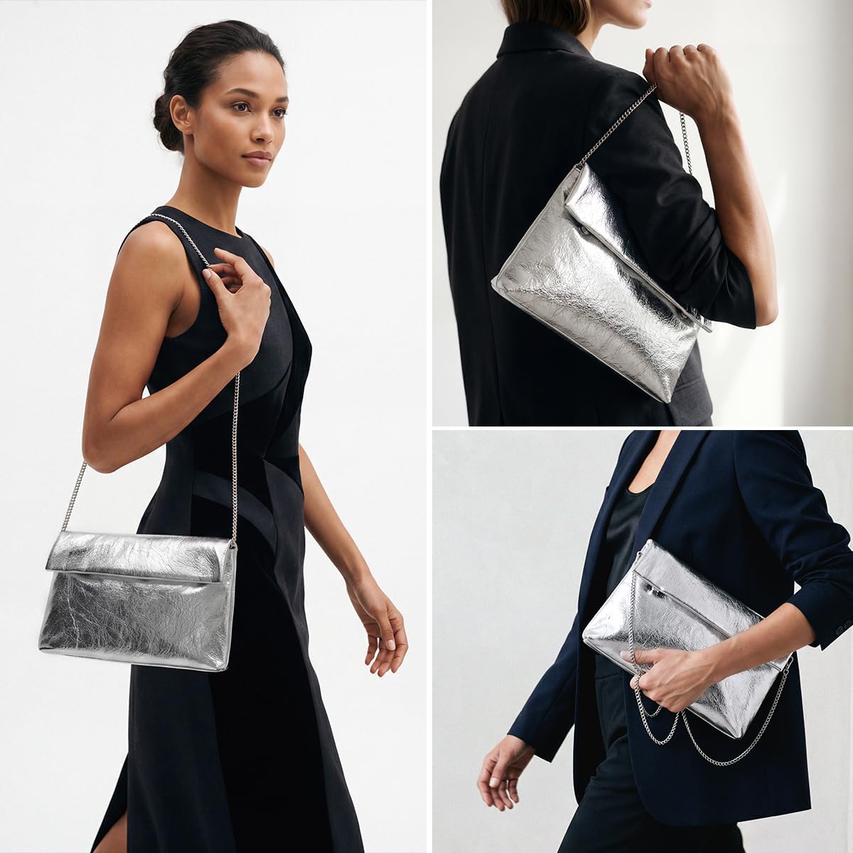 Women's Evening Clutch Bag Metallic Crinkled Leather Clutch Purse, Fold-over Handbag Envelope Purse