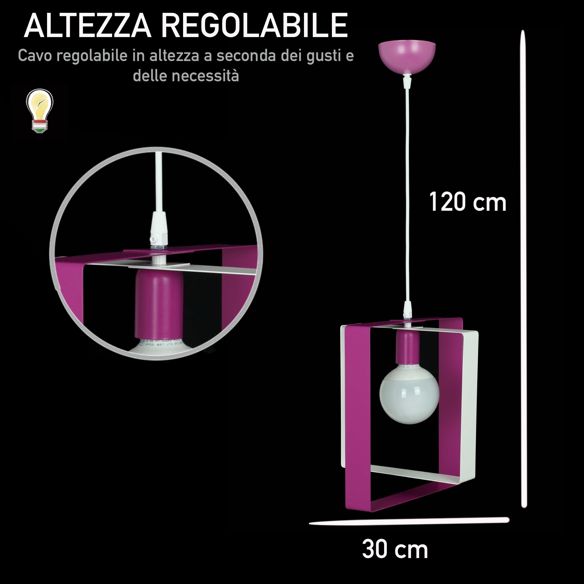 Generico ORALAMP Lampadario a Sospensione Stile Moderno in Ferro Vari Colori, Lampadario per Cameretta, Camera da Letto, Soggiorno PAQ/1/S (Bianco e Fucsia)