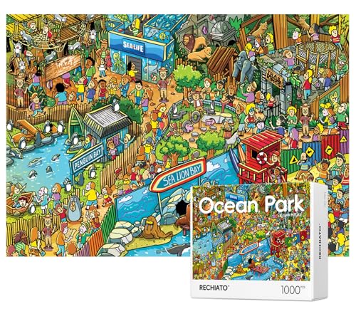 Jigsaw Puzzles for Adults, 1000 Pieces Ocean Park Puzzle, Cartoon Painting Challenging Puzzles for Family Activity Game Nights Gifts Fidget Stress Relief