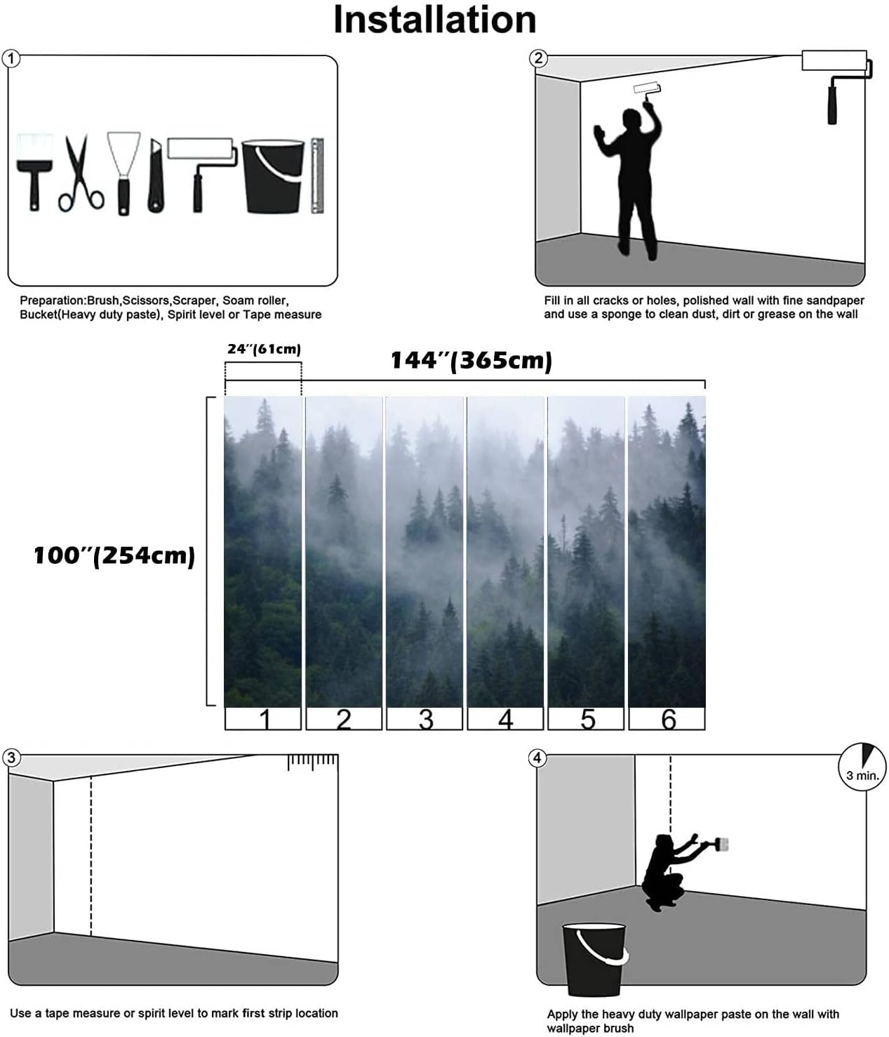 Modern 3D Removable Wallpaper Self-Adhesive Misty Mountain Landscape Wall Murals Peel and Stick Wall Stickers for Living Room Bedroom Wall Decor