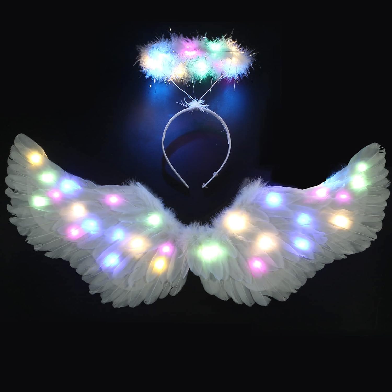 Alas de ángel alas de ángel iluminadas y halo con luces LED disfraz de alas de ángel blancas para adultos mujeres niños Halloween Navidad