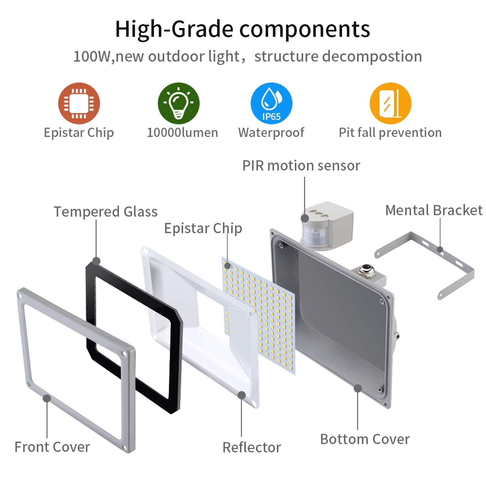 Focos Led De Luz Blanca Diurna De 100 W, Luces De Seguridad Impermeables Ip65, Luz De Trabajo De 8000 Lúmenes Y 6500 K con Sensor Pir, Ideal para Estanques De Jardí
