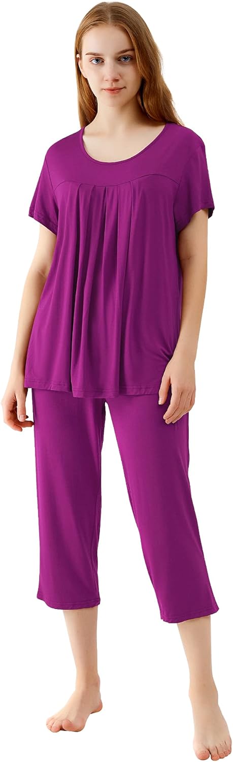 WiWi Women's Pajamas Sets Bamboo Viscose Short Sleeve Top with Capri Pants Super Soft Lounge Cooling Sleepwear Pjs S-XXL