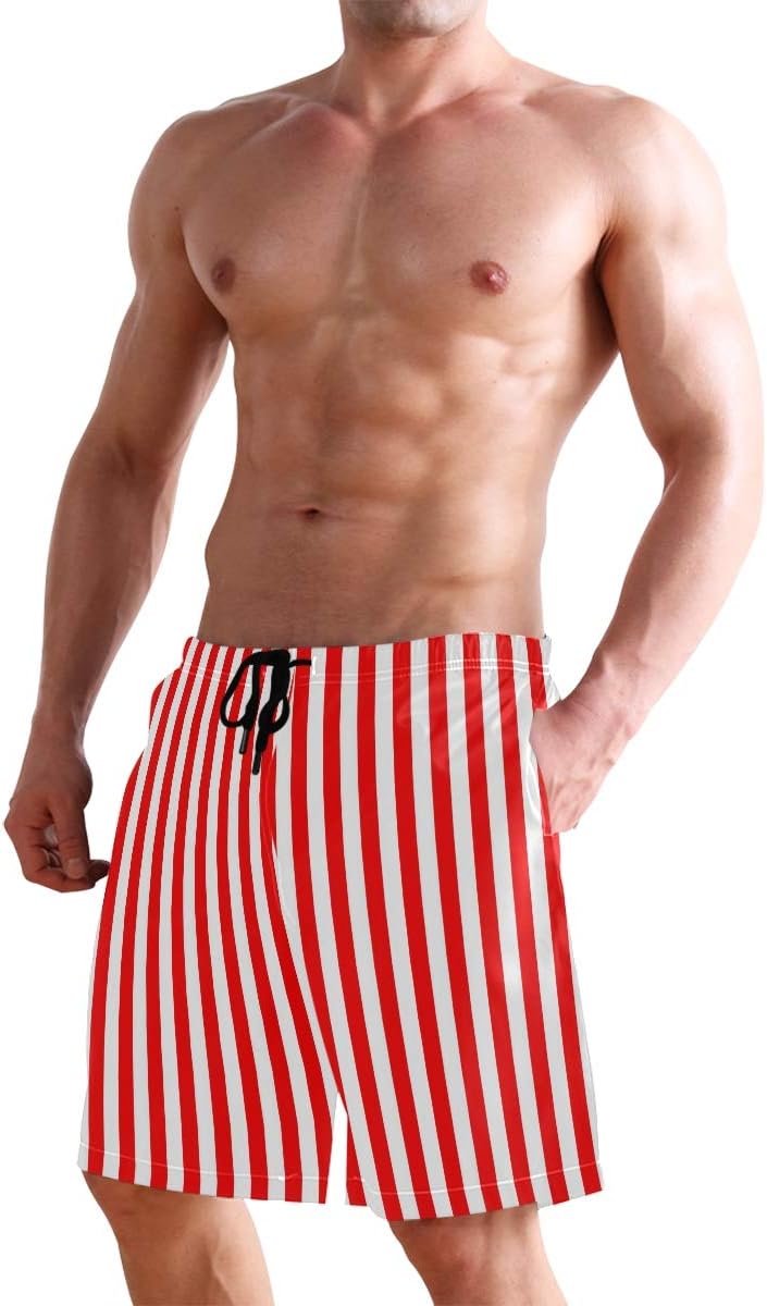 Men's Surfing Simple Red White Vertical Stripes Swimming Trunks