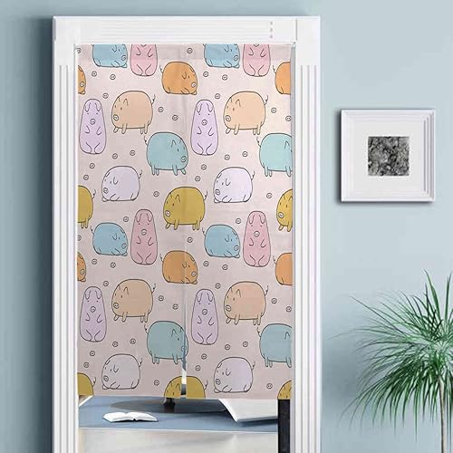 Cortina japonesa Noren para puerta, dibujada a mano, con dibujos animados, coloridos y lindos cerdos para colgar en la puerta, paneles divisores de