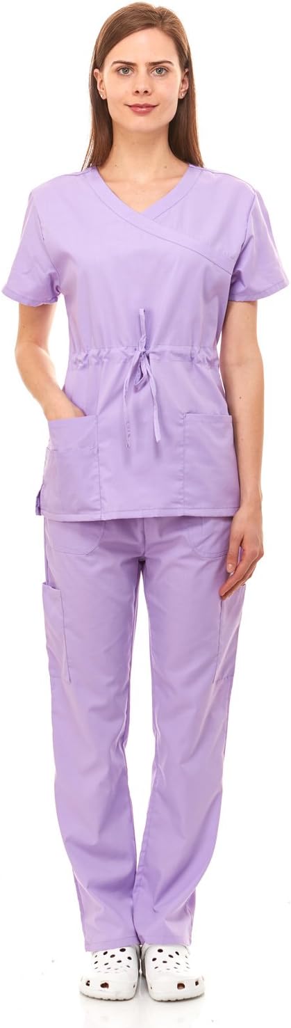 Denice Scrubs for Women Medical Nurses Uniform Mock Wrap Adjustable Front Bow 8 Pocket Set Missy Fit (10 Colors) 1108