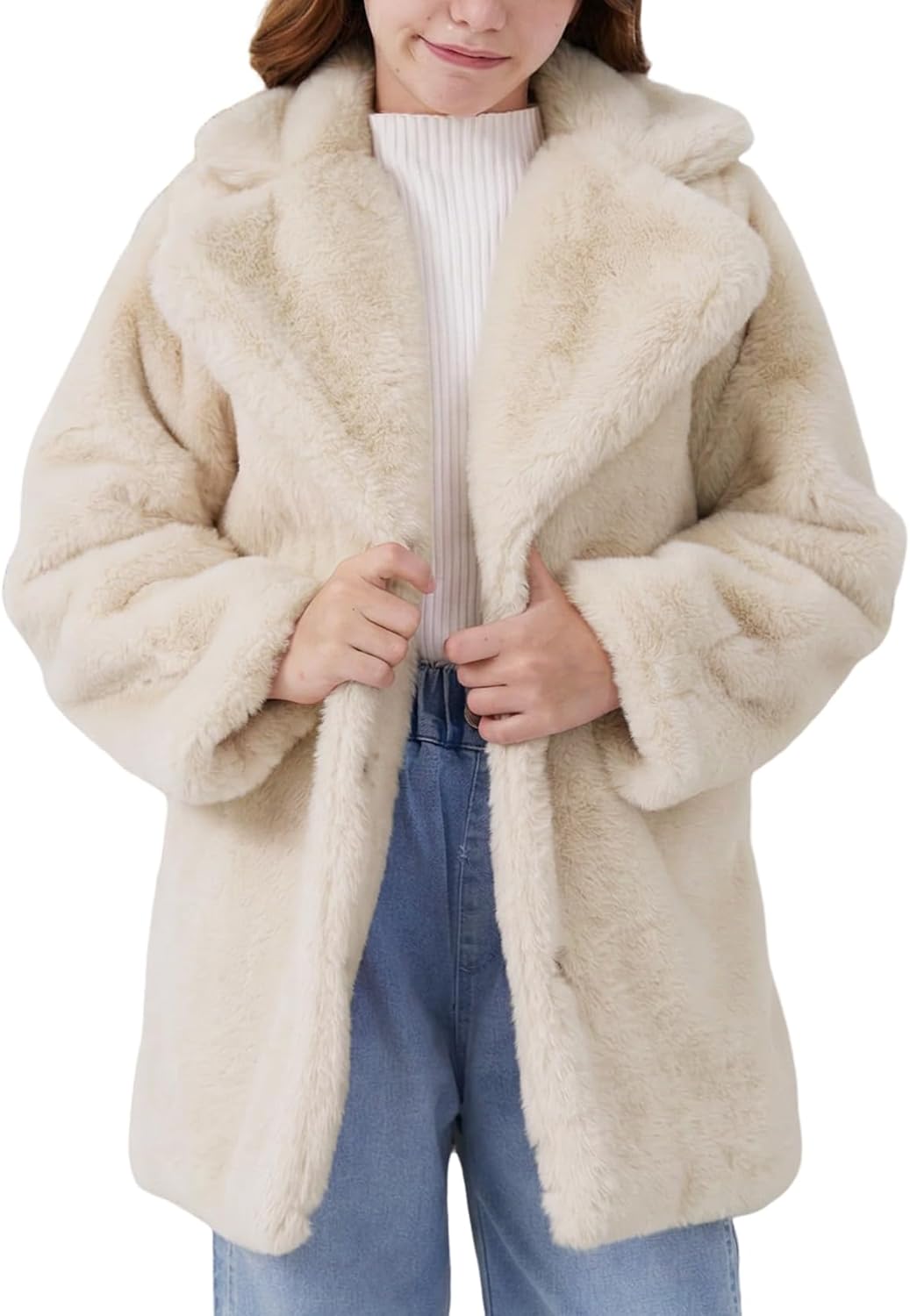 Girls Faux Fur Coat Fluffy Lapel Furry Jacket Long Sleeve Shaggy Long Coat Winter Warm Coats Outerwear