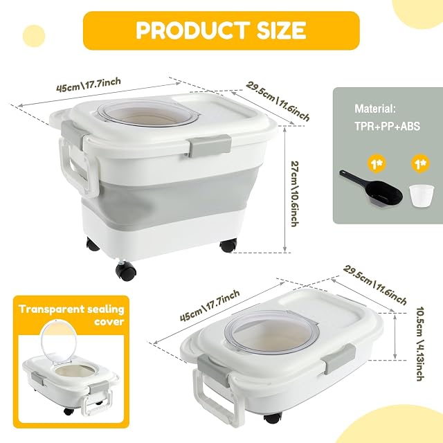 Foto 5 de 7 de Contenedor de almacenamiento de alimentos para perros, 10 kg, hermético, plegable, con cuchara y ruedas