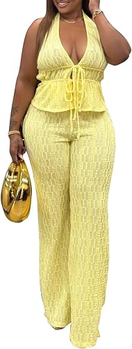 Tcremisa Womens 2 Piece Outfits Summer Halter Top and Pants Set