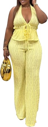 Tcremisa Womens 2 Piece Outfits Summer Halter Top and Pants Set | Casual V Neck Blouse Straight Leg Lounge Pants Solid Resort Wear Matching Outfits