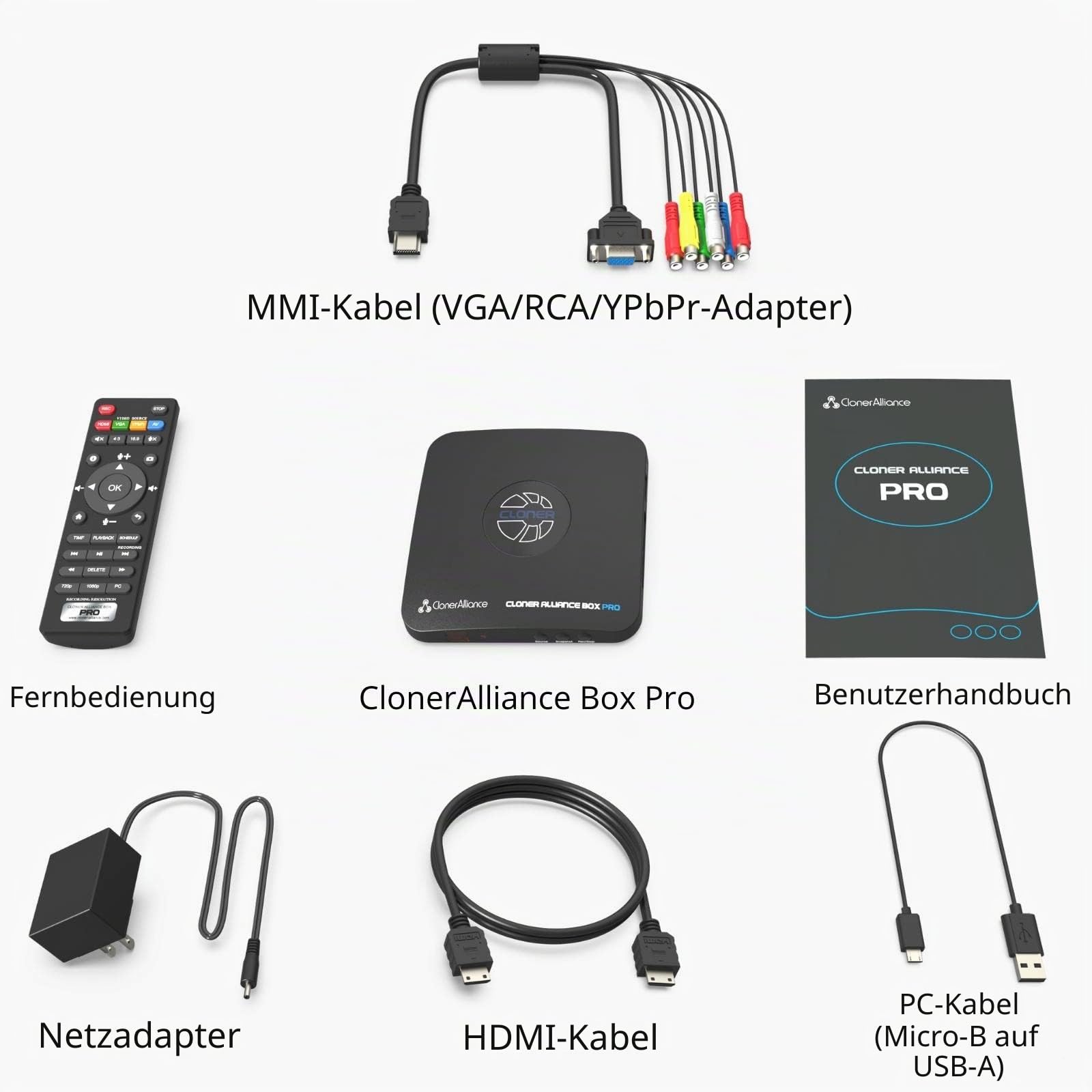 ClonerAlliance Box Pro, 1080p@60fps Videorekorder, DVR mit HDMI-Aufnahme, RCA/YPbPr/VGA-Digital-Konverter, kein PC erforderlich
