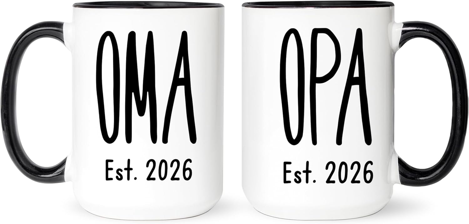 Fabby Gifts Oma Opa Coffee Mugs Set - Pregnancy Announcement For Grandparents Baby Reveal Gift Idea (Black Rim&Handle, 11oz)