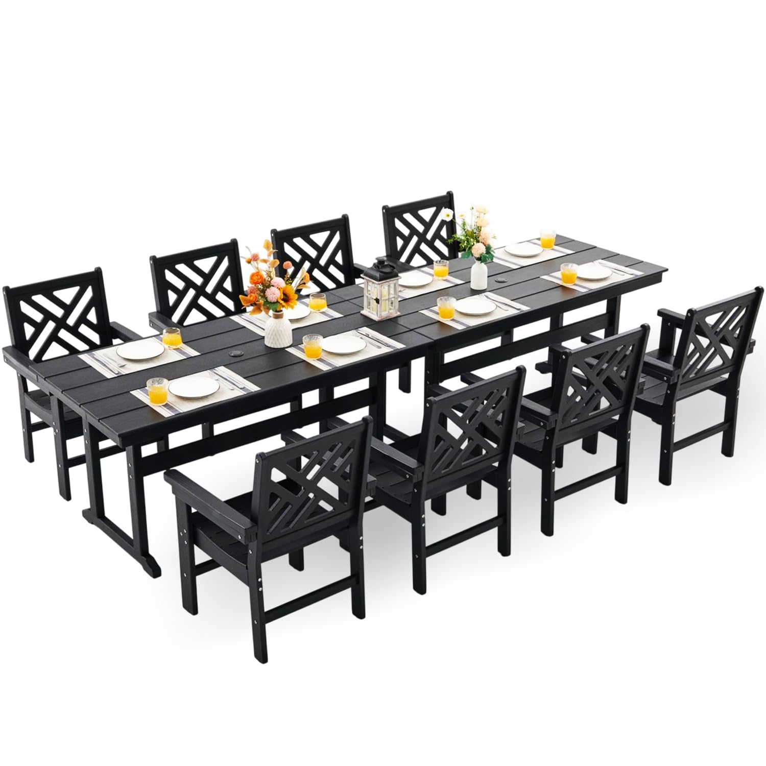 HDPE Dining Table Set for 8,10-Piece Outdoor Table and Chairs Include 8 Dining Chairs and 2 Pcs 62.5" Patio Dining Table with Umbrella Hole (Black)