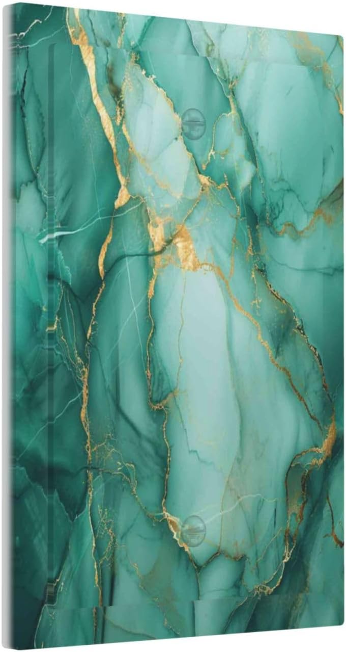 Decorative Switch Plate Cover with Turquoise Gold Green Gemstone Marble Texture 1 Gang No Device Single Blank Outlet Covers Wall Plate Light Switch Covers for Bathroom Kitchen Decor image 2