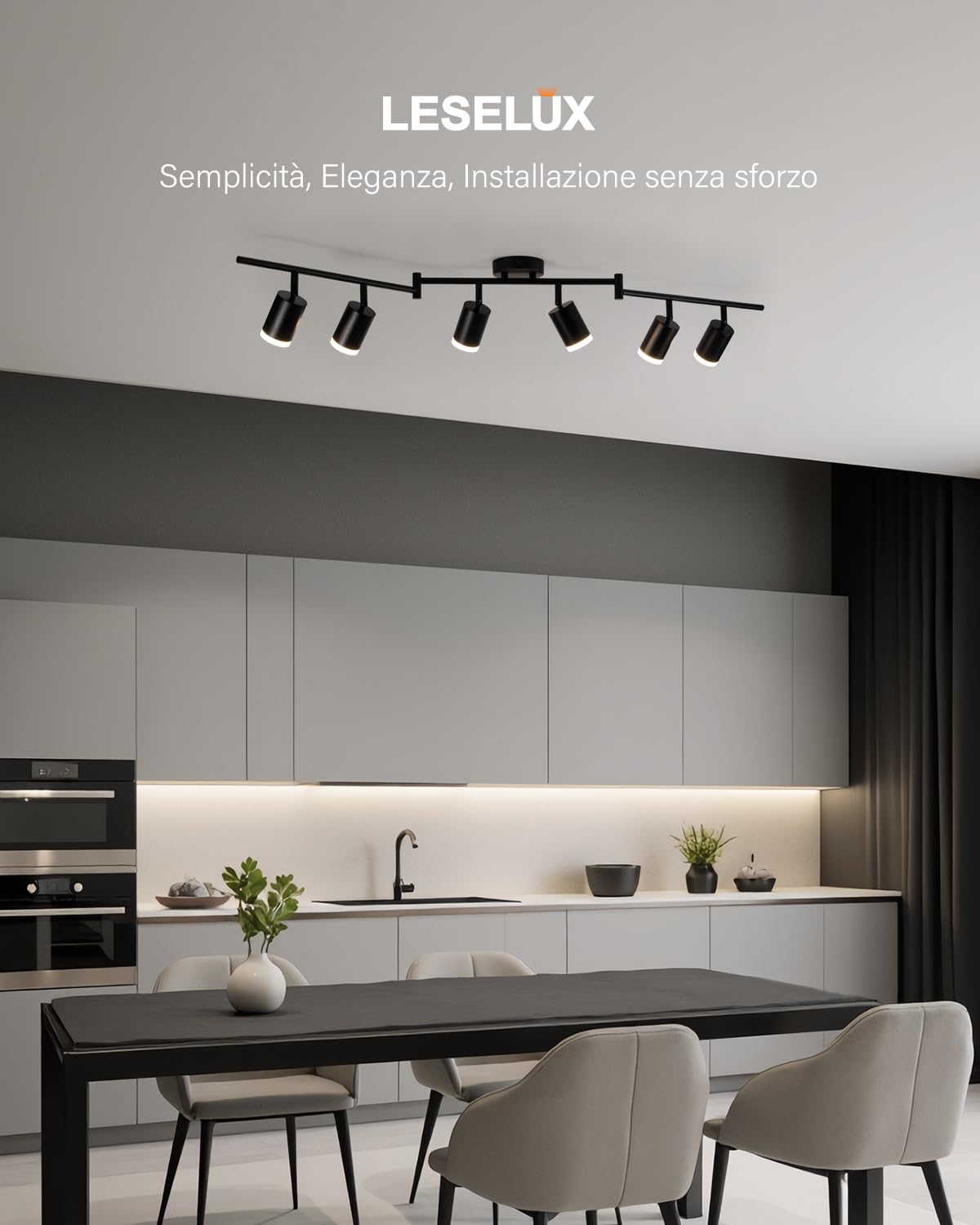 Leselux Lampadario Faretti LED Soffitto Orientabili 6 Luci, Senza Lampade | Faretti da Soffitto GU10, Moderna Binario Faretti Soffitto, Metallo Faretto LED Interno per Cucina Corridoio Soggiorno