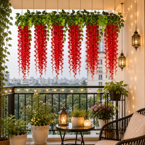 Image of Tia Crafts Polyester Artificial Hanging Flowers For Ceiling Balcony | Wisteria Vine | Home Party Decor Garden Outdoor Greenery Office Wall Decoration | Waterproof Washable - 3.7Ft /45 Inch (Red, 6)
