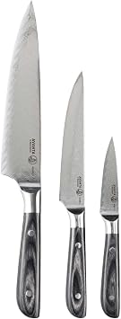 مجموعة أدوات المائدة المصنوعة من خشب الباكا من Messermeister Avanta Damascus Forged المكونة من 3 قطع - تتضمن 8 طهاة و6 أدوات مساعدة و3 سكاكين تقشير