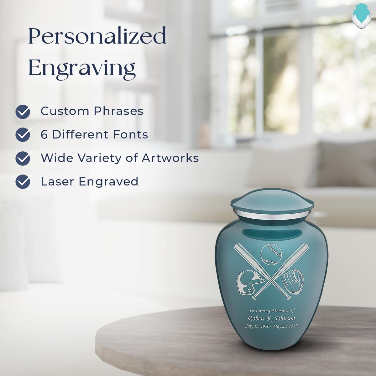Geturns - Small Personalized Baseball Cremation Urns for Human Ashes I Teal Funeral Urn for Men and Women I Holds up to 44 Cubic Inches