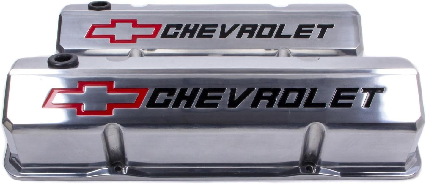 ProForm Valve Cover, Slant-Edge, Tall, Baffled, Breather Hole, Recessed Chevrolet Bowtie Logo, Aluminum, Polished, Small Block Chevy, Pair