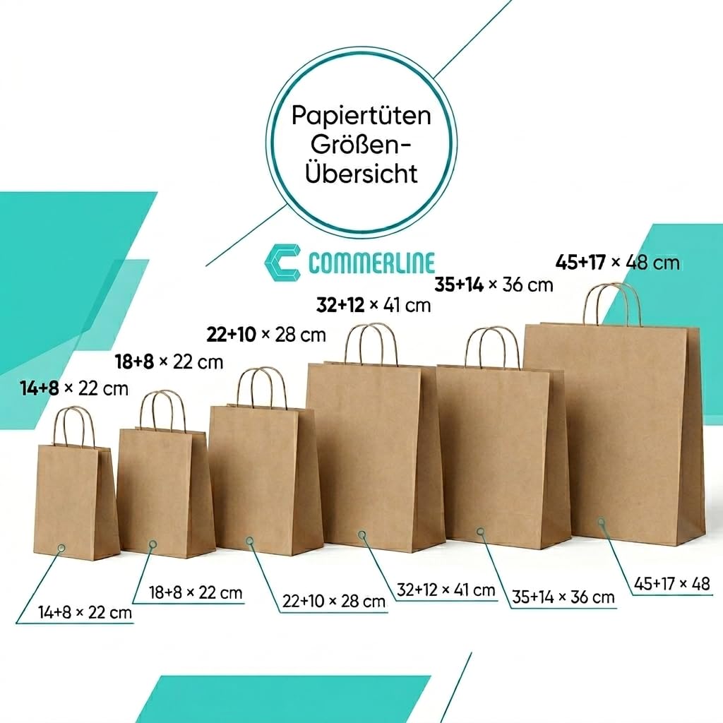 Commerline Lot de 200 sacs en papier kraft marron avec anse, 35 + 14 x 36 cm, avec poignée en cordon, sacs en papier pour le shopping et l'emballage, sacs cadeaux d'anniversaire d'enfants, fêtes
