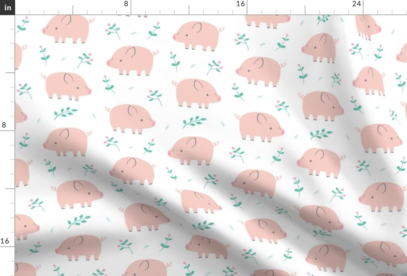 Spoonflower Fabric - Sweet Piggies Pig Cute Pink Green White Little Fox Nursery Kids Girl Printed on Upholstery Velvet Fabric Fat Quarter - Upholstery Home Decor Bottomweight Apparel