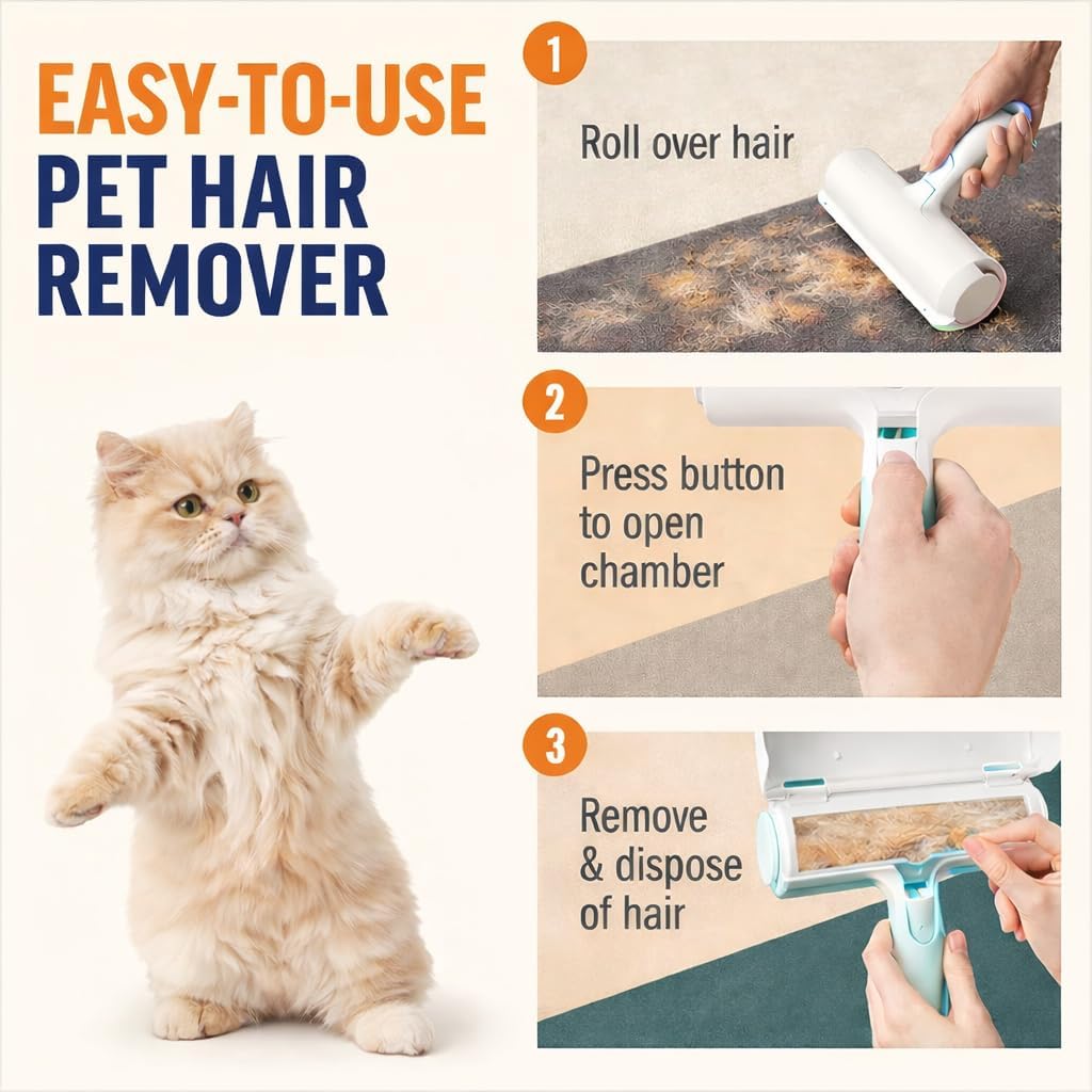 Reusable Pet Hair Remover Roller – Heavy Duty Manual Lint Roller for Dog & Cat Hair – Furniture, Couch, Carpet, Rugs & Car Seats – Durable ABS, Portable & Eco-Friendly