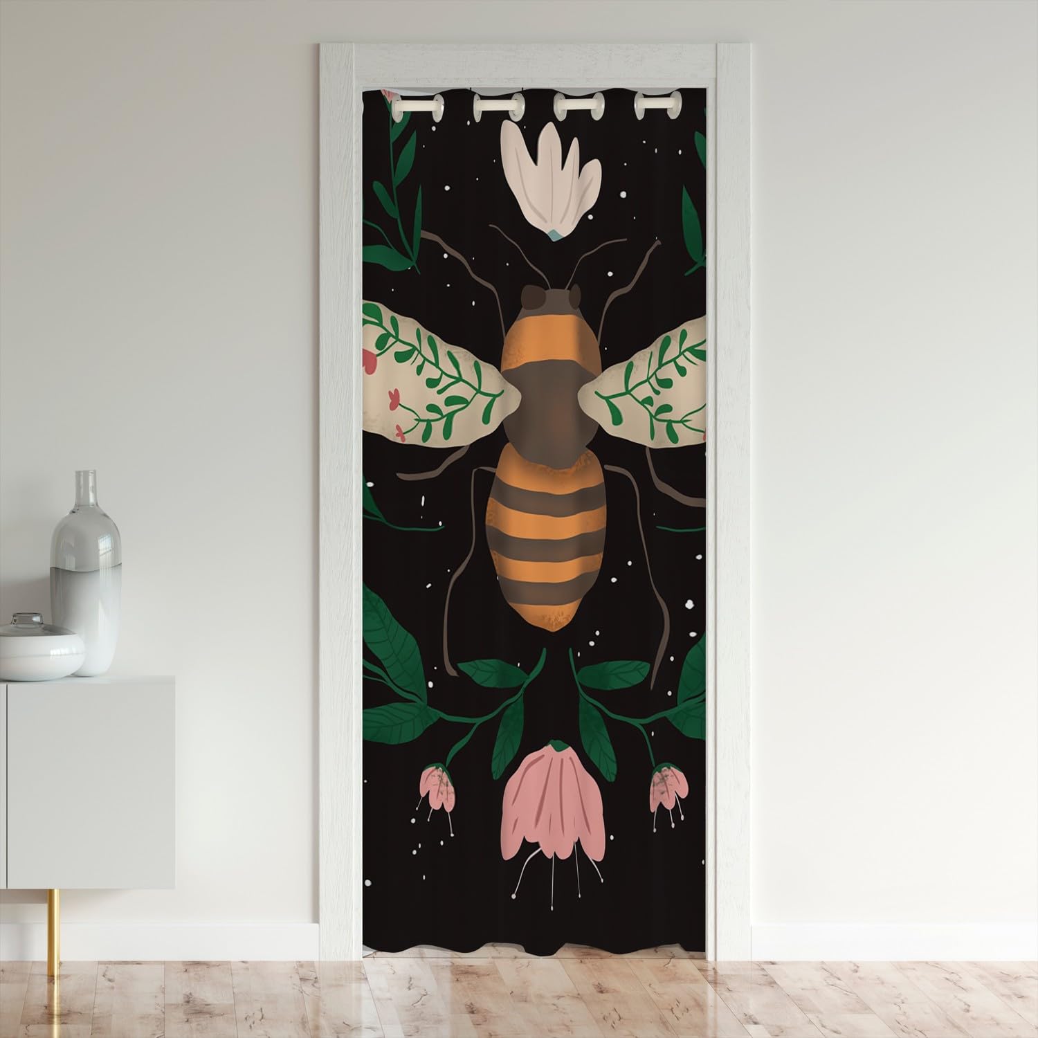 Loussiesd Bee Window Treatments Kids Bee and Floral Closet Door Cover Curtain for Bedroom Living Room Set for Boys Girls Flowers Animal Window Treatments Pink Green Bedroom 86x203cm — image 1
