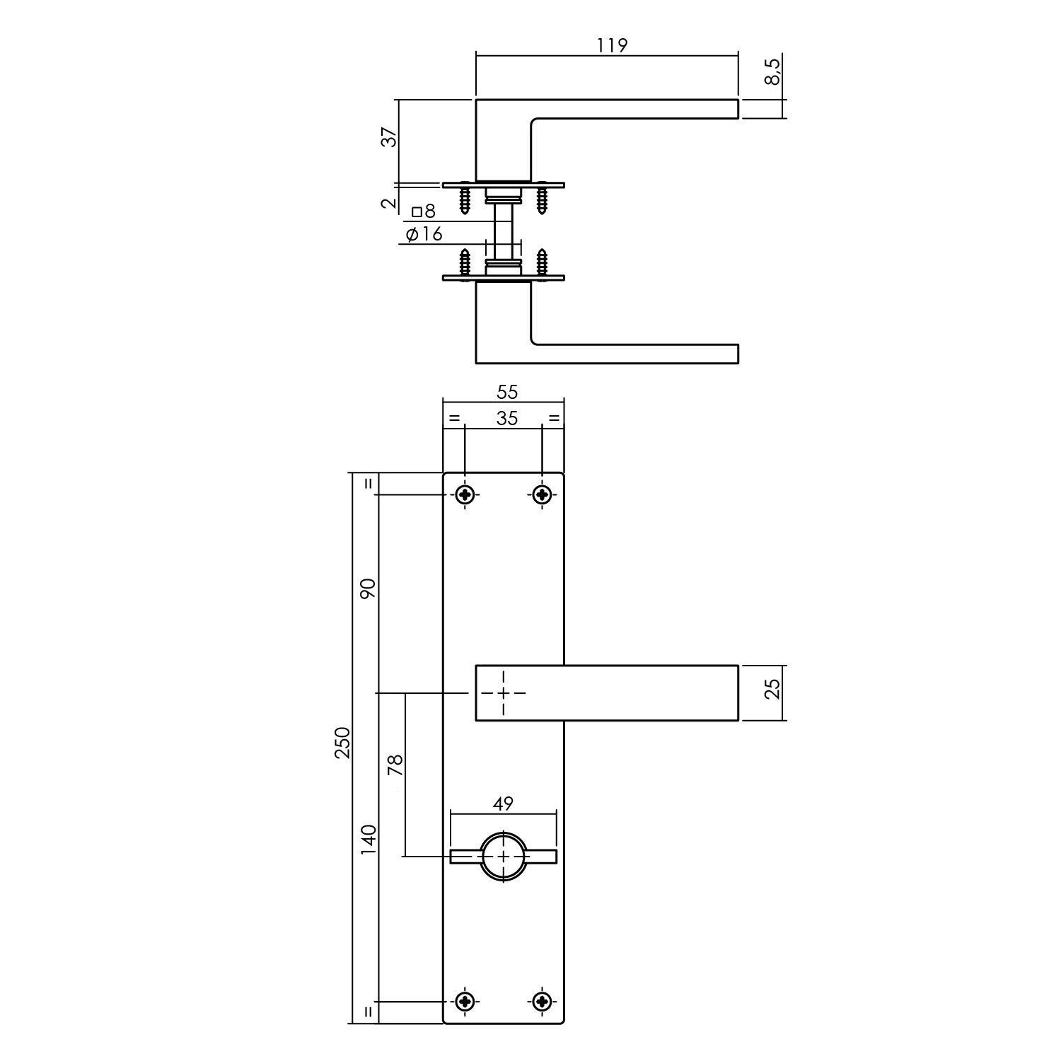 Langschildgarnitur Renovierungsbeschlag Renovierungsschild Schwarz Matt 55x250mm Türdrücker Türbeschlag aus Edelstahl (WC DIN Norm)