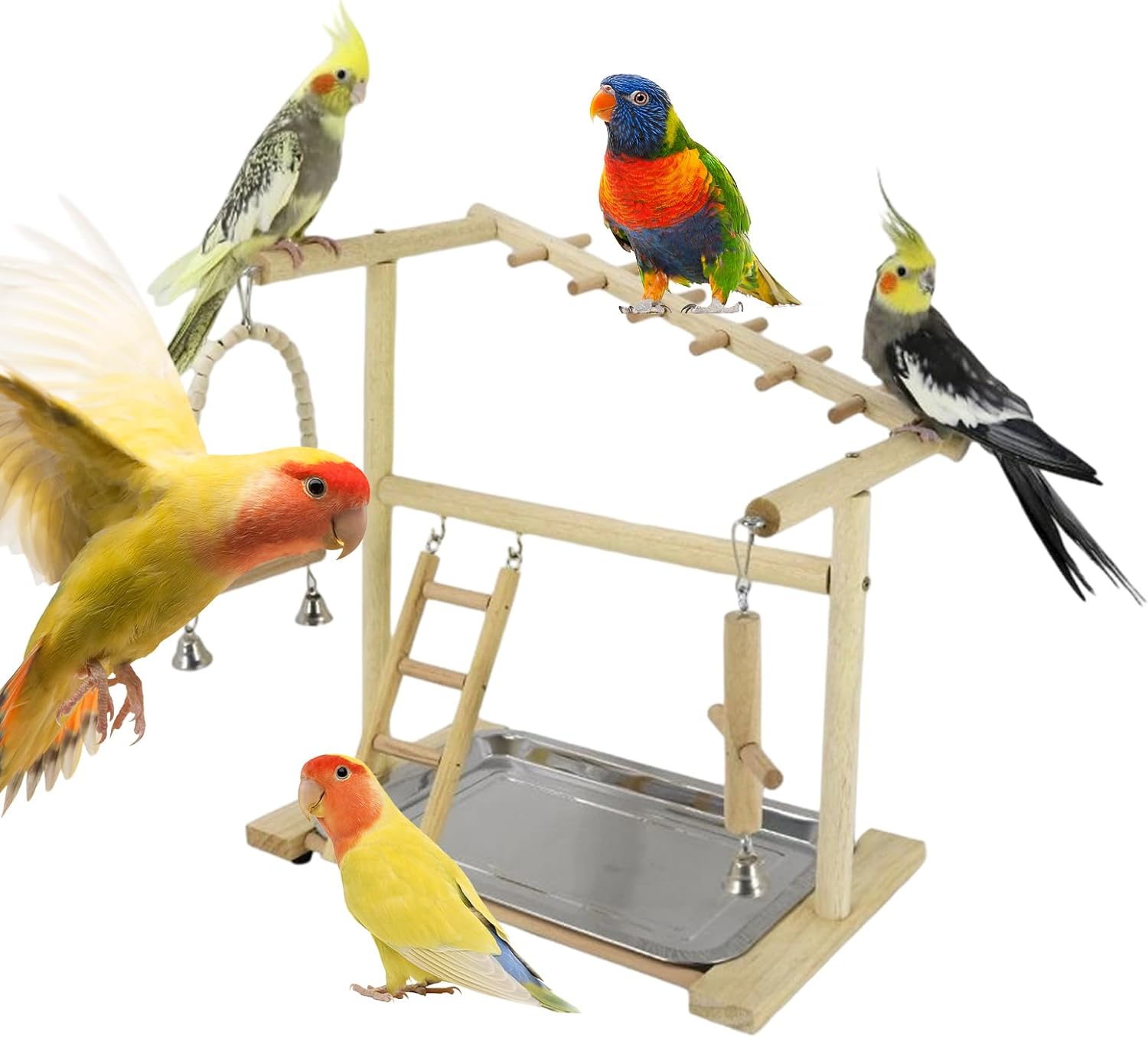 Bird Playground | Wooden Climbing Swings Ladders,with Removable Stainless Tray and Cup Wood Parrot Perch Stand | for Standing Chewing Climbing Grinding Indoor Cage Accessories